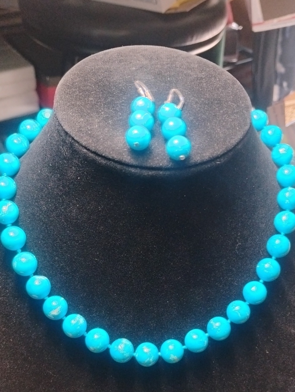 925 Genuine Turquoise Necklace & Earrings Jeweler Inspected 18" - Picture 3 of 7